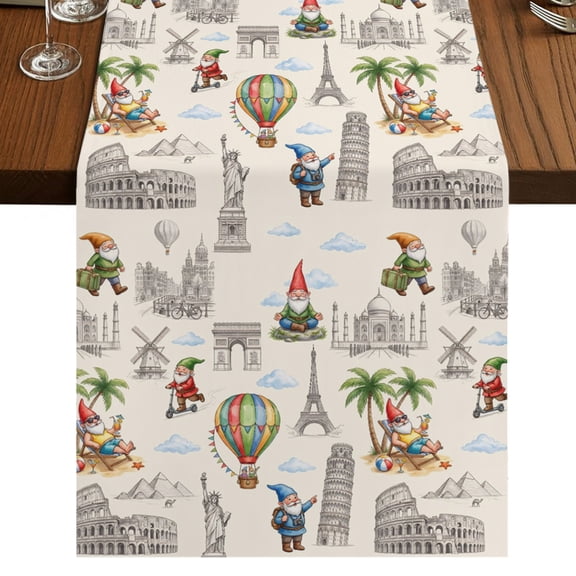 Travel Landmarks Table Runner 48 Inches Long, Retro Classic World Map Icons Gnomes Beige Background Cotton Linen Dining Table Runner Dresser Scarves for Home Kitchen Party Decor 13"x48"