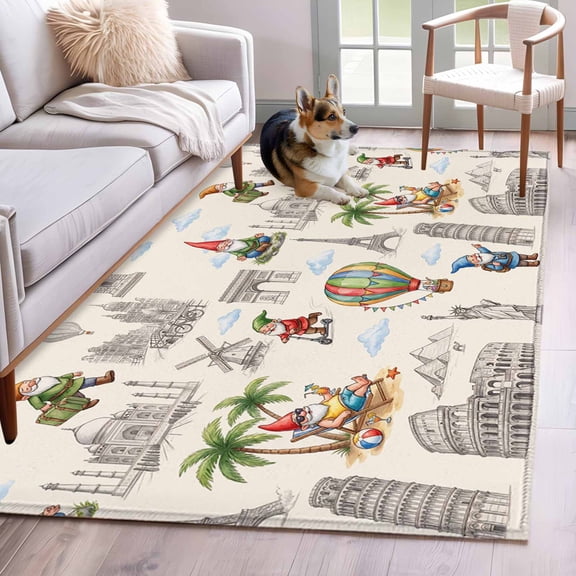 Travel Landmarks Washable Area Rug 4x6 Retro Classic World Map Icons Gnomes Beige Background Low-Profile Large Area Rugs with Non Slip Backing Indoor Floor Carpet for Entrance Living Room Bedroom