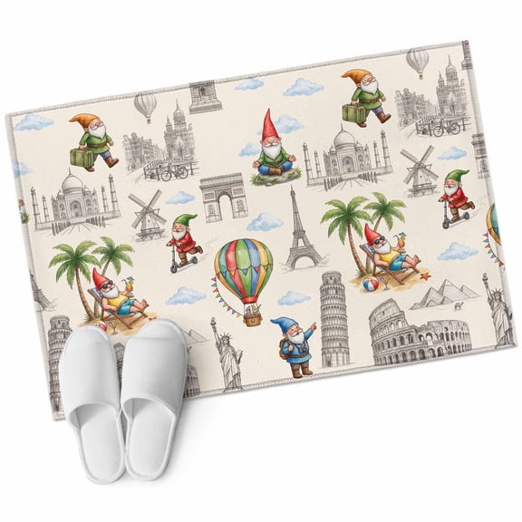 Travel Landmarks Washable Small Entryway Area Rugs 2'x3', Retro Classic World Map Icons Gnomes Beige Background Low Pile Throw Rug Non-Slip Sturdy Edge Binding Carpet for Front Door Floor Room Entry