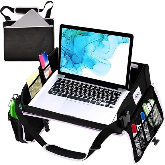 Travel Lap Desk, Travel Tray, Portable Lapdesk for , Remote Work, Road Trips, School, Laptop Pad with Storage Pocket, Tablet Holder, Strap, Fits up to 15.6-Inch Laptop (Black)