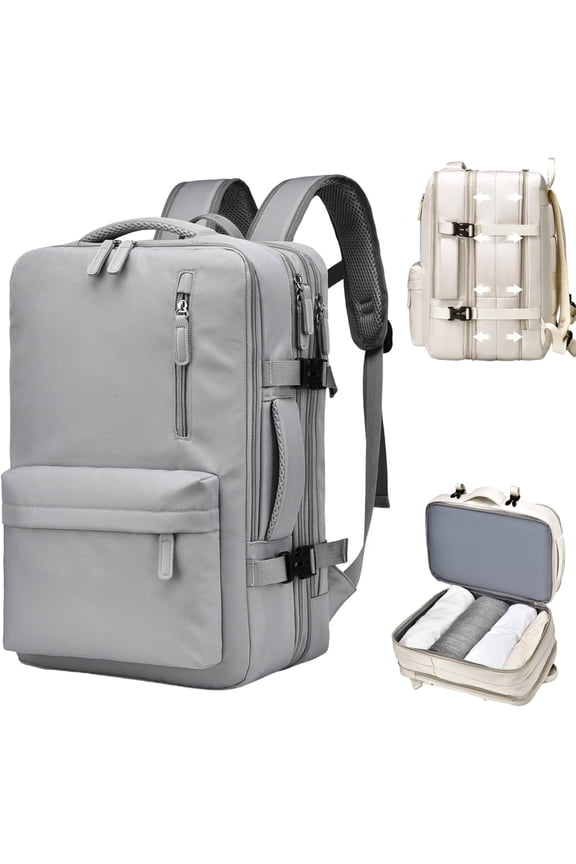 Travel Laptop Backpack 30L for Men Women, Expandable Carry Backpack Airplane Approved, Large 15.6" Daypack Backpacks with USB Port for Trip College Hiking, Grey