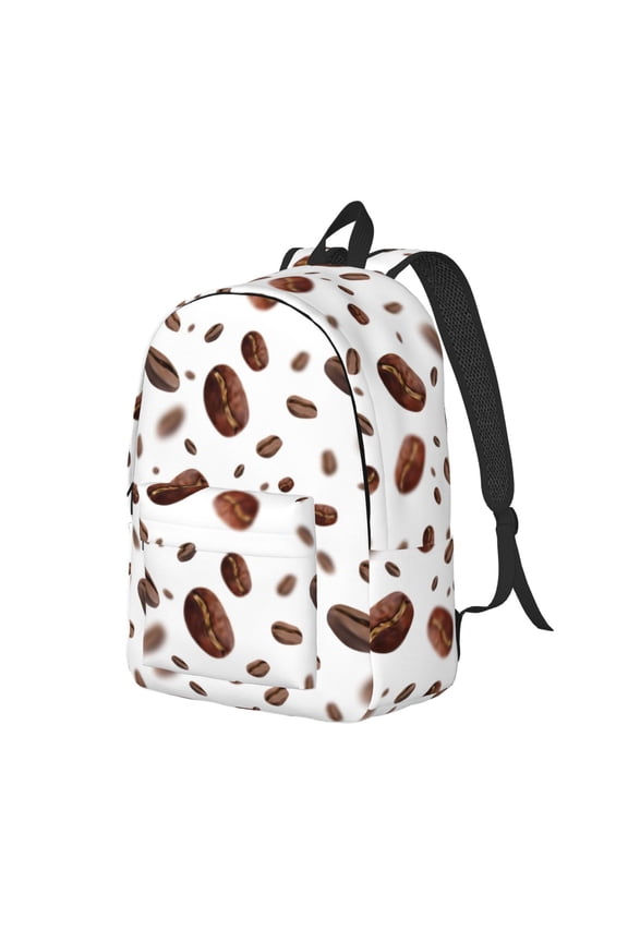 Travel Laptop Backpack - Brown Coffee Bean Print White Lightweight Canvas Backpack, Wear Resistant Computer Backpack Bag Fit {sizeName} Laptop for Men Women with Adjustable Padded Shoulder Straps