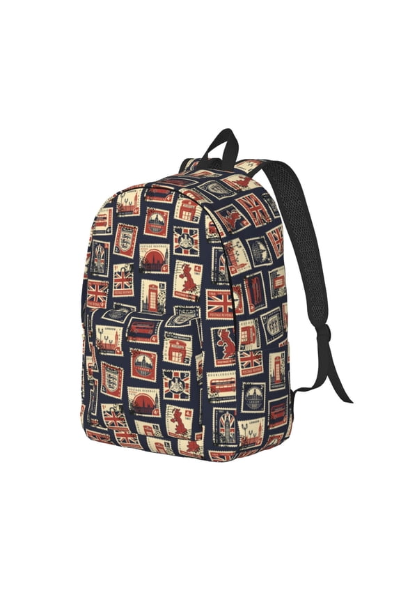 Travel Laptop Backpack - England Stamps Pattern Lightweight Canvas Backpack, Wear Resistant Computer Backpack Bag Fit {sizeName} Laptop for Men Women with Adjustable Padded Shoulder Straps