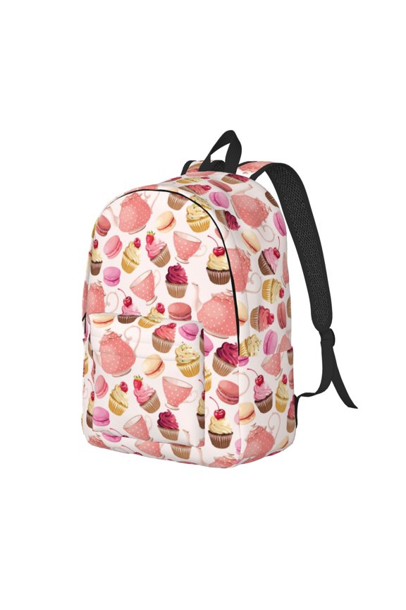 Travel Laptop Backpack - Macaroon Cupcake Print Pink Lightweight Canvas Backpack, Wear Resistant Computer Backpack Bag Fit {sizeName} Laptop for Men Women with Adjustable Padded Shoulder Straps