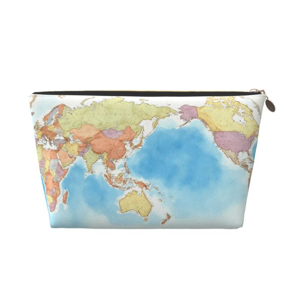Travel Leather Makeup Bag World Map Trapezoid Cosmetic Organizer Pouch for Women Gold