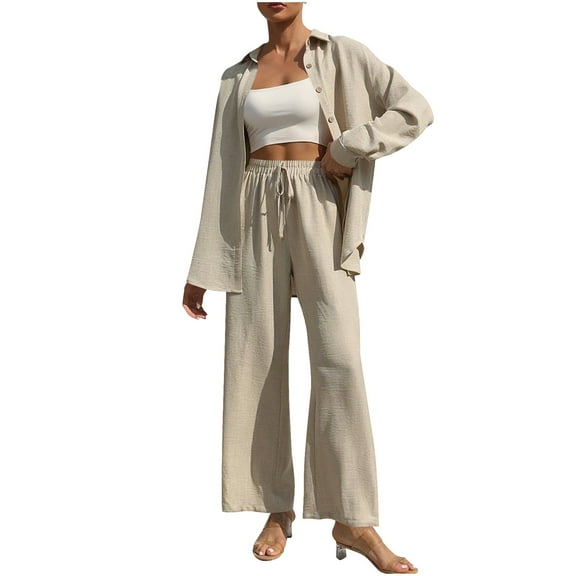 Travel Lounge Sets for Women Long Sleeve 2 Piece Loungewear Button Down Shirts Wide Leg Pants Loose Fall Clothes, L