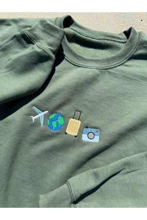 Travel Lover Symbols Embroidered Adventure Sweatshirt Airplane Globe Suitcase Camera