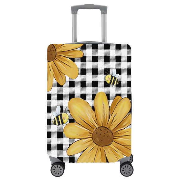 Travel Luggage Cover Daisy Flower Honeybees Suitcase Cover Elastic Anti Scratch Baggage Covers Farmhouse Floral Black Plaid Luggage Covers Protector for Travel Fit 29-32 Inch Carry on Luggage