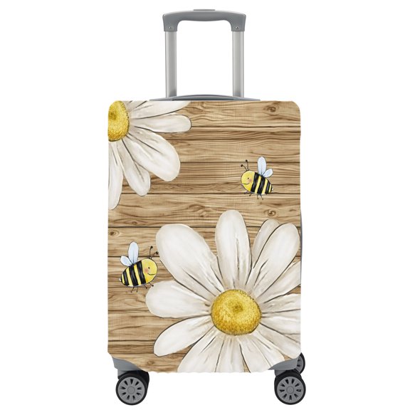 Travel Luggage Cover Daisy Honeybees Suitcase Cover Elastic Anti Scratch Baggage Covers Farmhouse Floral Brown Wood Grain Luggage Covers Protector for Travel Fit 19-21 Inch Carry on Luggage