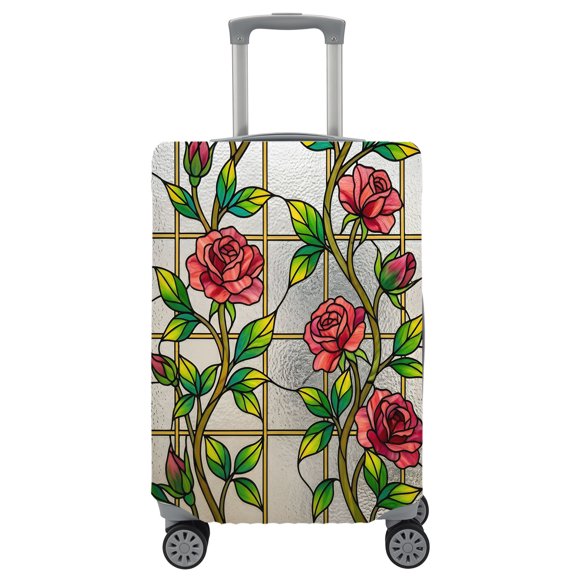 Travel Luggage Cover Red Roses Vines Suitcase Cover Elastic Anti Scratch Baggage Covers Floral Branches Stained Glass Luggage Covers Protector for Travel Universal Fit 19-21 Inch Carry on Luggage