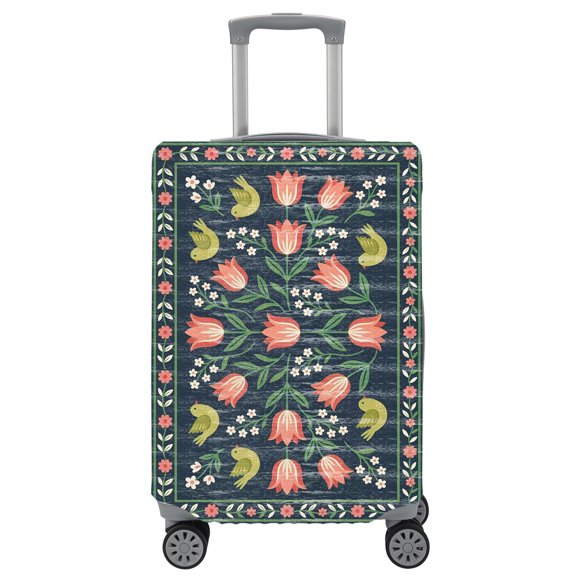 Travel Luggage Cover Tulip Daisy Floral Suitcase Cover Elastic Anti Scratch Baggage Covers Navy Blue Bird Flower Frame Luggage Covers Protector for Travel Universal Fit 19-21 Inch Carry on Luggage