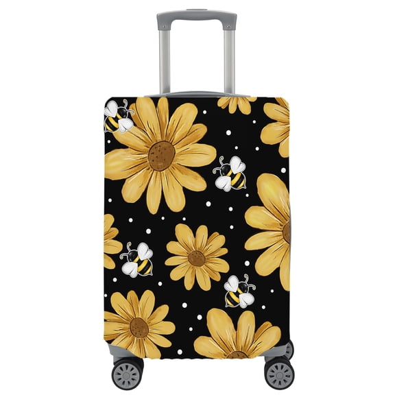 Travel Luggage Cover Yellow Daisy Floral Suitcase Cover Elastic Anti Scratch Baggage Covers Farmhouse Honeybees Flower Balck Luggage Covers Protector for Travel Fit 19-21 Inch Carry on Luggage
