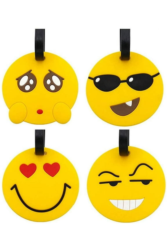 Travel Luggage Tags, Emoji Suitcase Travel ID Label Tags Holders, PVC Identifier Label Holders for Backpack(4 Pack Yellow)
