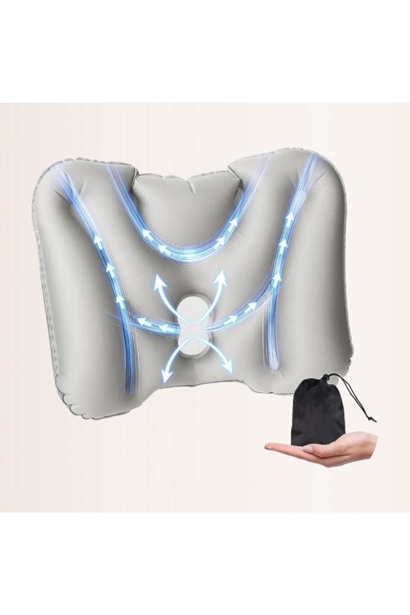 Travel Lumbar Pillow Inflatable for Airplane, Office Chair and Car, Support for Lower Back and Posture, Easy to Carry, Grey