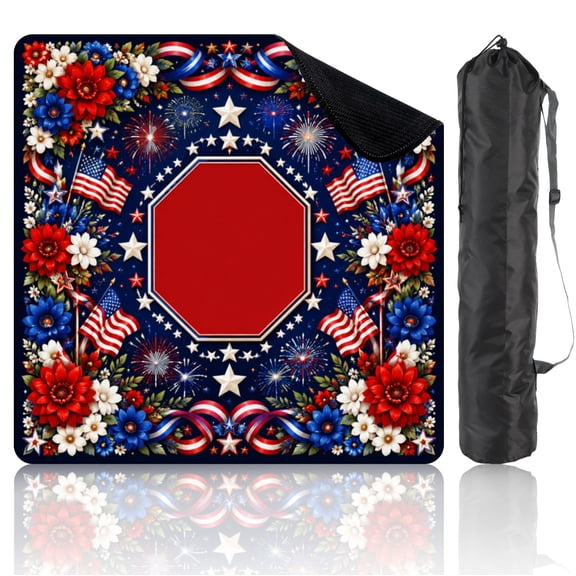 Travel Mahjong Mat 21" x 21" American Flags Patriotic Fourth July Fireworks Non-Slip Noise Reduction Mini Mahjong Tiles for Dominoes Poker Card