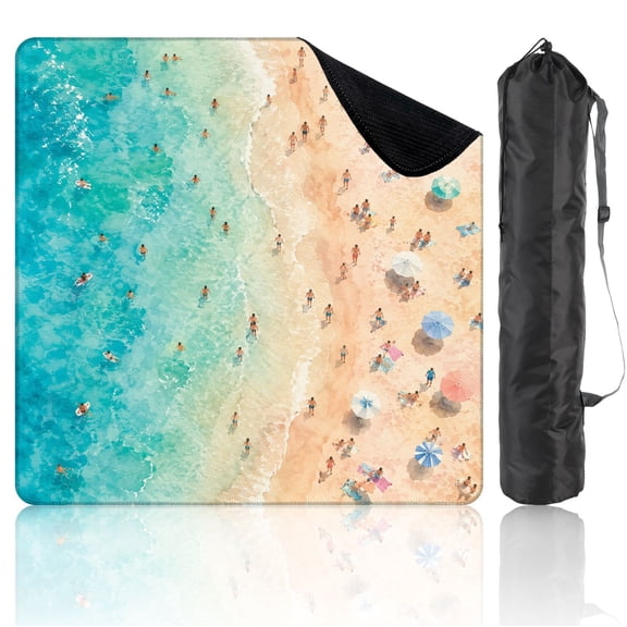 Travel Mahjong Mat 21" x 21" Colorful Beach Scene Turquoise Waters Sunbathers Aerial View Non-Slip Noise Reduction Mini Mahjong Tiles for Dominoes Poker Card
