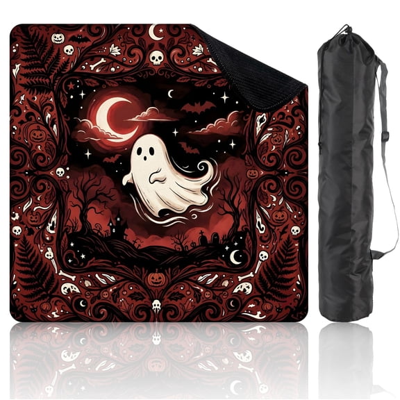 Travel Mahjong Mat 21" x 21" Halloween Ghost Floating Gothic Red Ornate Frame Skulls Bats Crescent Non-Slip Noise Reduction Mini Mahjong Tiles for Dominoes Poker Card