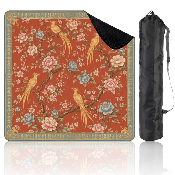 Travel Mahjong Mat 21" x 21" Vintage Floral Birds Blossoms Orange Non-Slip Noise Reduction Mini Mahjong Tiles for Dominoes Poker Card