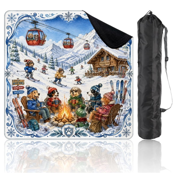 Travel Mahjong Mat 21" x 21" Winter Mountain Lodge Scene Skiing Dogs Cozy Campfire Non-Slip Noise Reduction Mini Mahjong Tiles for Dominoes Poker Card