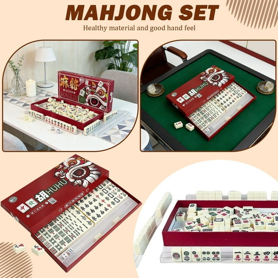 Travel Mahjong Set, Chinese Mahjong Set, Mahjong Tile Set, Mahjong Game Set, Equipped with 4 Stationary Tile Slots and 2 Dice, for Compact Entertainment on Business Trips, Holiday