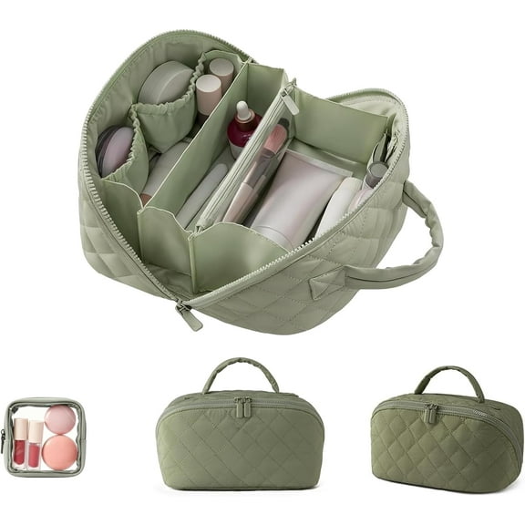 Travel Make Up Bag for Women, Large Capacity 180° Lay-Flat Design, Water-Resistant Puffer Cosmetic Organizer Pouch with Compartments for Toiletries & Brushes