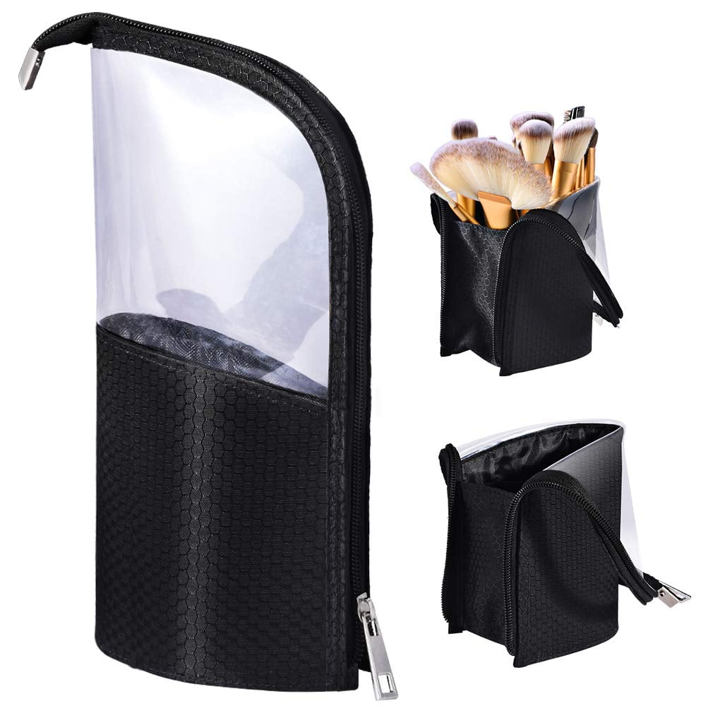Travel Make-up Brush Cup Holder Organizer Bag, Pencil Pen Case for Desk, Clear Plastic Cosmetic Zipper Pouch, Portable Waterproof Dust-Free Stand-Up Small Toiletry Stationery Bag with Divider