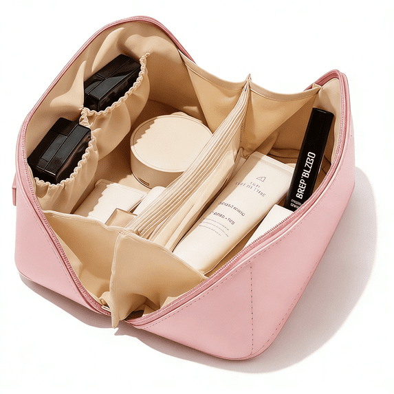 Travel Makeup Bag for Women, Waterproof Portable Cosmetic Bags, Pouch Open Flat Toiletry Bag with Divider & Handle(Pink)
