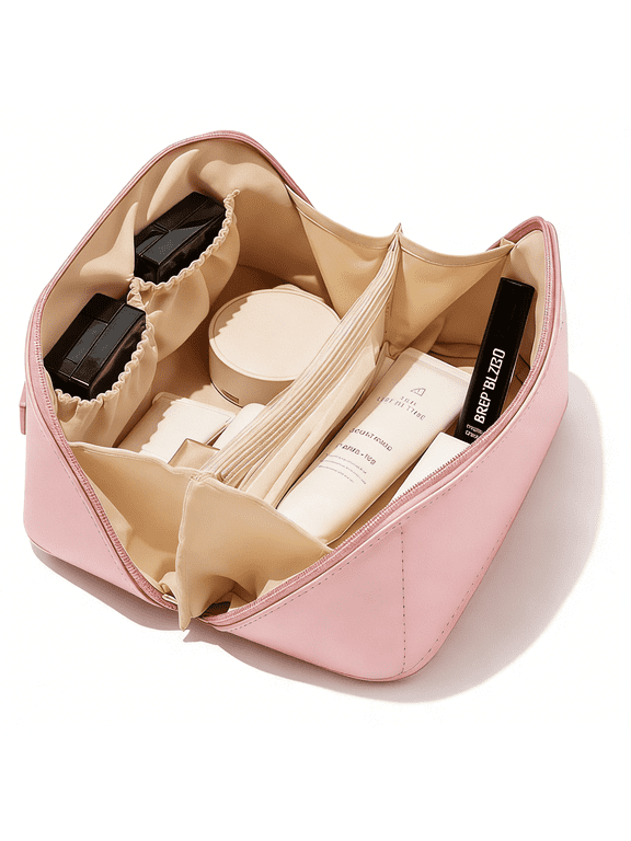 Travel Makeup Bag for Women, Waterproof Portable Cosmetic Bags, Pouch Open Flat Toiletry Bag with Divider & Handle(Pink)