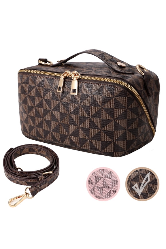 Travel Makeup Bag,2 in 1 Crossbody Cosmetic Zipper Pouch for Makeup Kit Organizer Bag with Handle&Strap,Brown