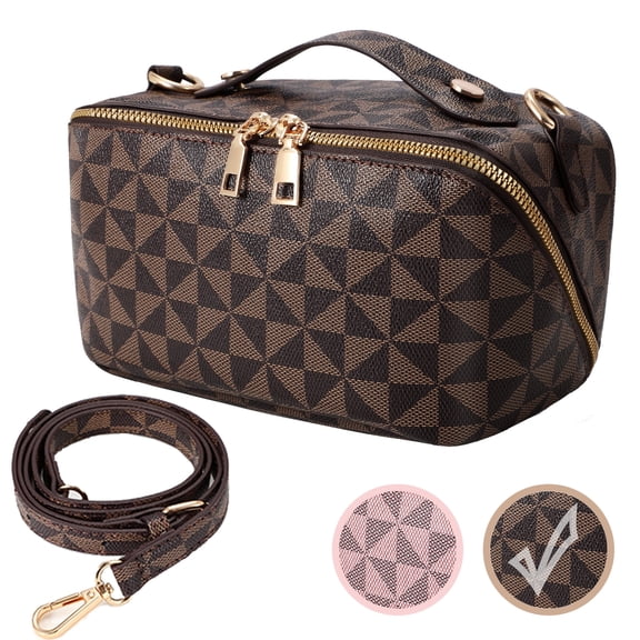 Travel Makeup Bag,2 in 1 Crossbody Cosmetic Zipper Pouch for Makeup Kit Organizer Bag with Handle&Strap,Brown