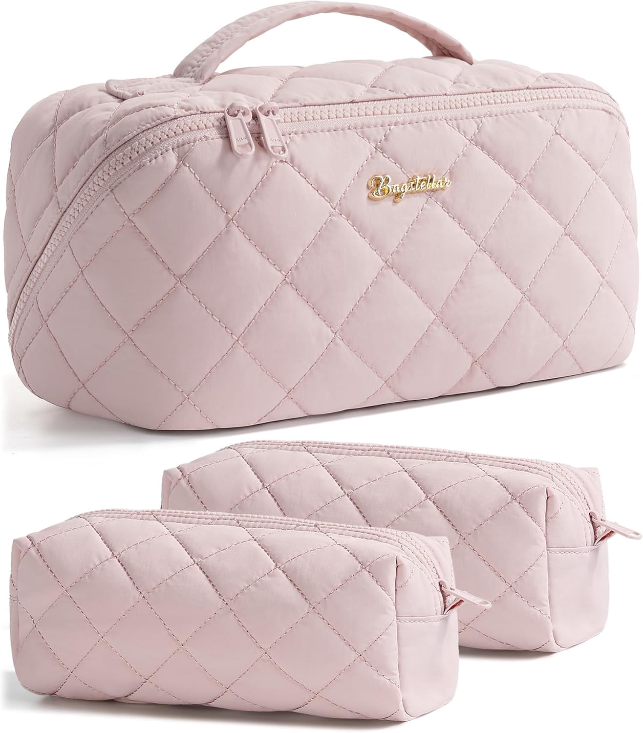 Travel Makeup Bag, 3 Pcs Large acity Puffy Toiletry Bag for Women, Open Flat Make up Cosmetic Organizer w/Handle & Clear Divider Water-resistant Portable Pouch Travel Essentials, L-Light Pink