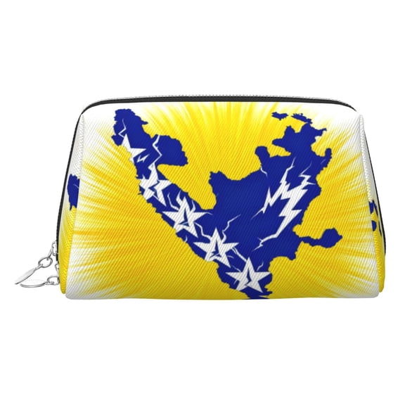 Travel Makeup Bag Bosnian Flag Map Wide-open PU Leather Cosmetic Toiletry Pouch with Dividers & Zipper for Women Silver