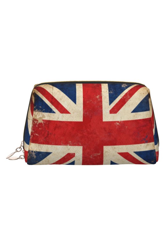 Travel Makeup Bag British Flag Pattern Wide-open PU Leather Cosmetic Toiletry Pouch with Dividers & Zipper for Women Gold