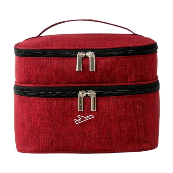 Travel Makeup Bag, Burgundy Red Oxford Cloth Dual Layer Handheld Cosmetic Organizer, 1 Pack Portable Storage Case for Women Daily Use Travel Toiletry Accessories Brushes Skincare Arrangement