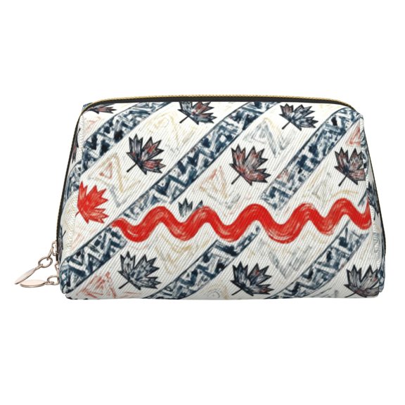 Travel Makeup Bag Canadian Symbol Maple Leaf Pattern Wide-open PU Leather Cosmetic Toiletry Pouch with Dividers & Zipper for Women Gold