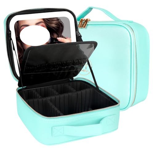 Travel Makeup Bag Cosmetic Bag Makeup Organizer Bag with Lighted Mirror, Adjustable Brightness in 3 Color Scenarios, Waterproof Makeup Train Case, Gift for Women - Aqua Blue