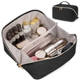 thumbnail image 1 of Travel Makeup Bag Cosmetic Bag Toiletry Bag for Women, Wide Open Organizer Pouch with Divider and Handle Portable Quilted Open Flat, Black, 1 of 7
