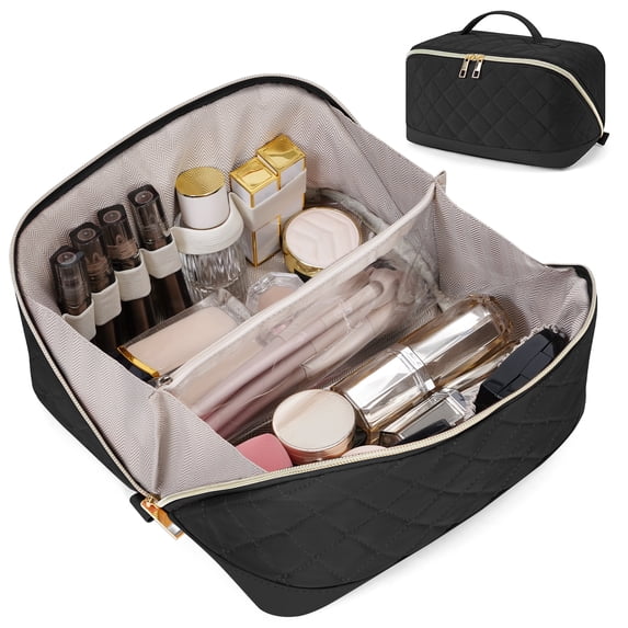 Travel Makeup Bag Cosmetic Bag Toiletry Bag for Women, Wide Open Organizer Pouch with Divider and Handle Portable Quilted Open Flat, Black