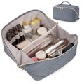 thumbnail image 1 of Travel Makeup Bag Cosmetic Bag Toiletry Bag for Women, Wide Open Organizer Pouch with Divider and Handle Portable Quilted Open Flat, Dusty Gray, 1 of 7