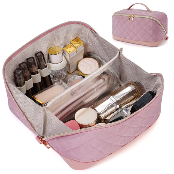 Travel Makeup Bag Cosmetic Bag Toiletry Bag for Women, Wide Open Organizer Pouch with Divider and Handle Portable Quilted Open Flat, Pink