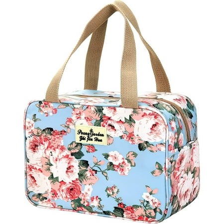 Travel Makeup Bag, Cosmetic Bags for Women, Large Capacity Portable Floral Toiletry Storage Organizer Light Blue Peony