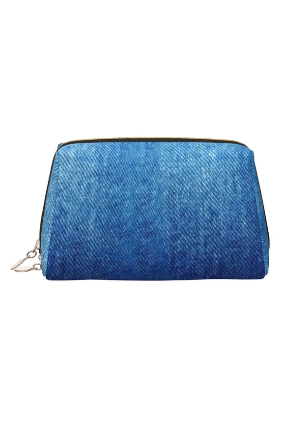 Travel Makeup Bag Denim Blue Wide-open PU Leather Cosmetic Toiletry Pouch with Dividers & Zipper for Women Gold