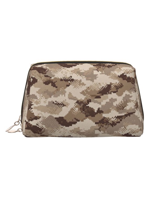 Travel Makeup Bag Desert Digital Camouflage Wide-open PU Leather Cosmetic Toiletry Pouch with Dividers & Zipper for Women Gold