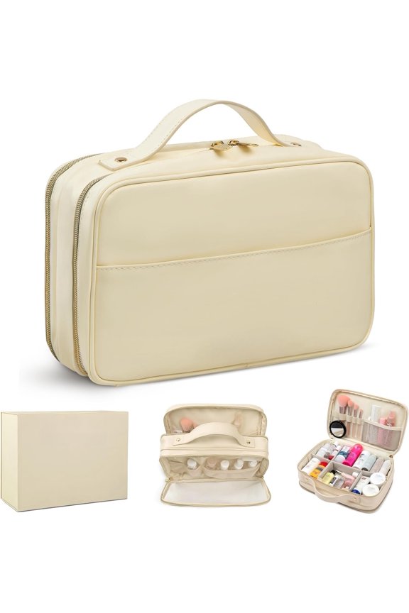 Travel Makeup Bag - Elegant Modular Organizer for Women with Adjustable Compartments, Toiletry Case for Carry- & Daily Essentials, Cream