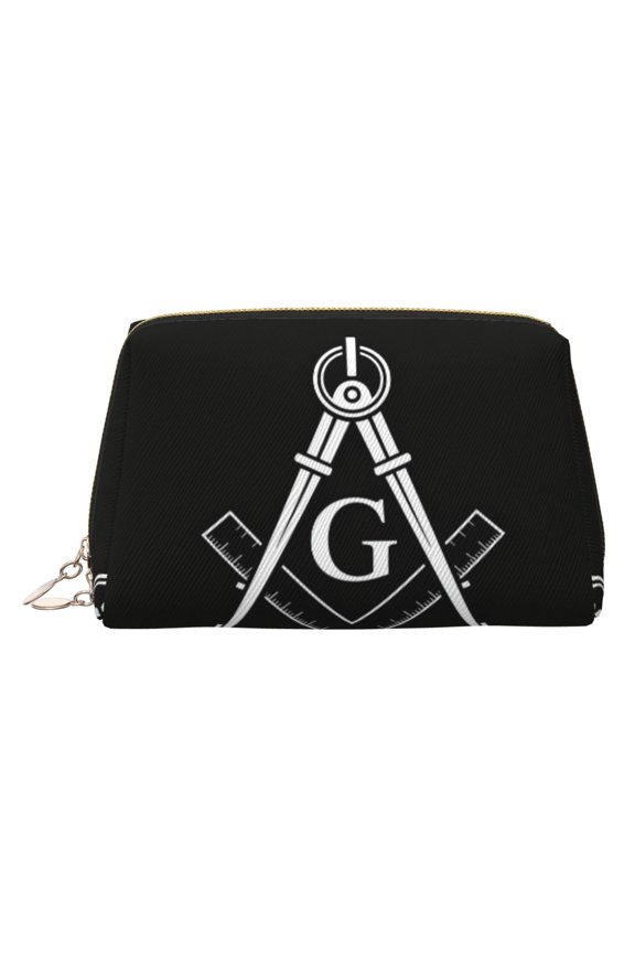 Travel Makeup Bag Freemason Square Compass Logo Wide-open PU Leather Cosmetic Toiletry Pouch with Dividers & Zipper for Women Gold