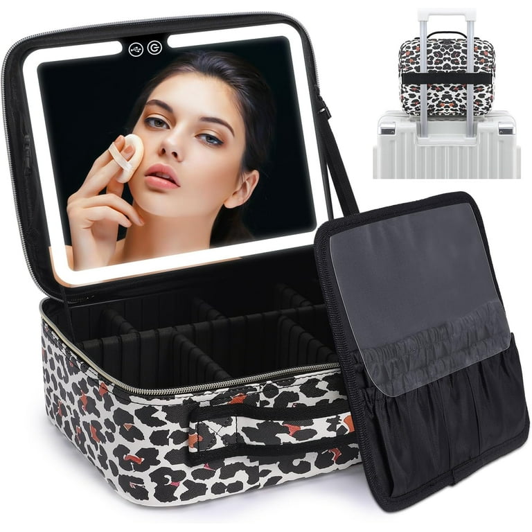 Travel Makeup Bag with LED Lighted Make up Case with Mirror 3 Color Setting Cosmetic Makeup Box Organizer Vanity Case for Women Beauty Tools Accessories Case Rechargeable Leopard Walmart