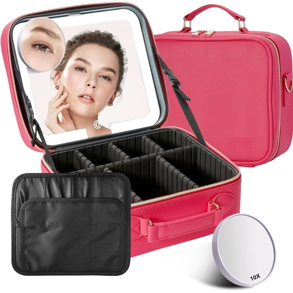 Travel Makeup Bag with LED Lighted Mirror,Travel Makeup Organizer,Makeup Case with 3 Color Lighted Setting and 10x Magnifying Mirror,Portable Storage and Adjustable Dividers Makeup Box(Red)