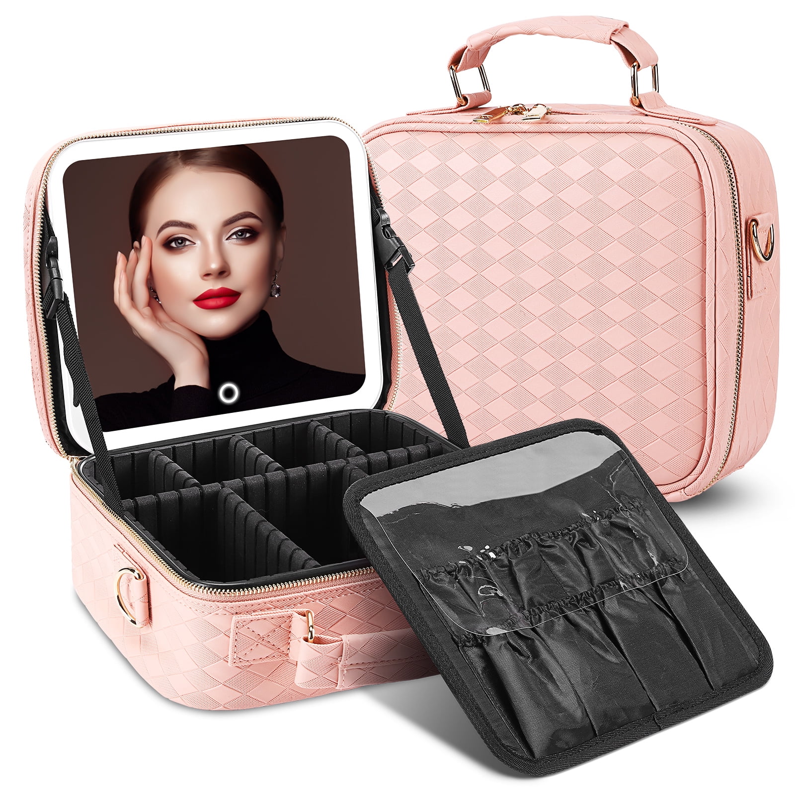 helloleiboo Makeup Box with Mirror3 Colors Lighting Makeup Case with