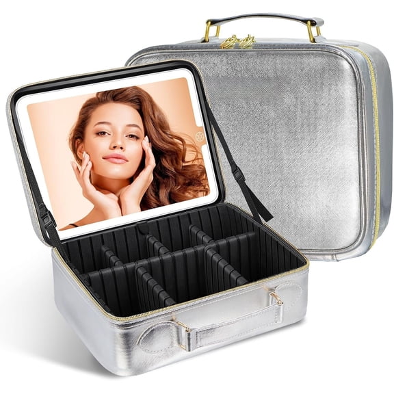 Travel Makeup Bag With LED Mirror,   Case with Light up Mirror, Portable Makeup Artist Organizer Bag with Adjustable Dividers, Makeup Brush Holder Storage (Sliver, Large)