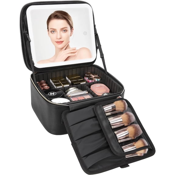 Travel Makeup Bag With LED Mirror, Cosmetic Train Case with Light up Mirror, Portable Makeup Artist Organizer Bag with Adjustable Dividers, Makeup Brush Holder Storage, Black